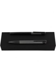This Explore Brushed Grey Ballpoint & Rollerball Pen Set has been designed by Hugo Boss. 