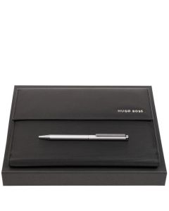 A Black A5 Pinstripe Folder & Chrome Cloud Ballpoint Pen Set designed by Hugo Boss. 