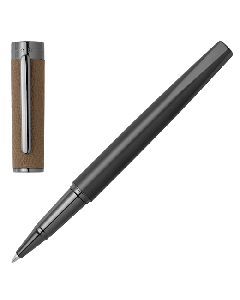 This Hugo Boss Corium Chrome Rollerball Pen Camel has a gunmetal exterior that is made with brass. 