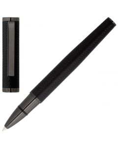 This is the Black & Gun Grey Formation Herringbone Rollerball Pen designed by Hugo Boss.