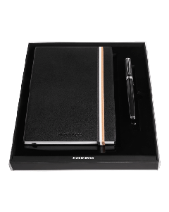 This Hugo Boss Iconic Notebook A5 & Gear Black Fountain Pen Set will come in an open box with a clear top.