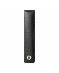 This Hugo Boss Single Black Tradition Pen Pouch is made out of saffiano leather with a polished silver button on the front that has the Hugo boss brand name engraved.