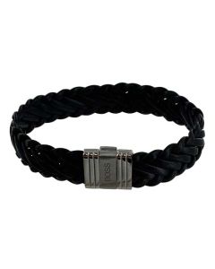 This Hugo Boss bracelet comes with a black woven leather design and silver clasp.