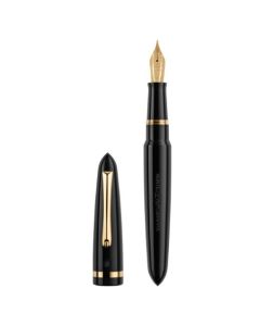 This Montegrappa Venetia Black & Gold Stainless Steel Fountain Pen has polished gold trims including the clip, the nib, and the ring around the cap.