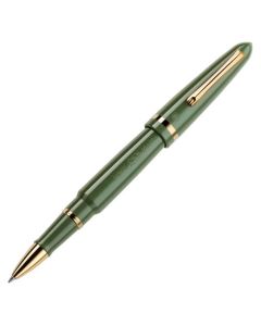 This Venetia Lagoon Green & Gold Rollerball Pen by Montegrappa has the brand name engraved along the side of the barrel.