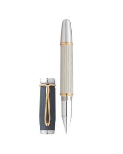 The Montblanc Jane Austen Writers edition rollerball pen comes with a cream barrel and blue cap with gold trim.