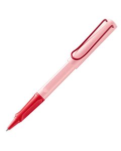 LAMY's Safari Cherry Blossom Rollerball Pen is made out of ABS plastic in a pastel pink with red trims, including the metal clip.