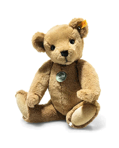 Steiff's Teddies for Tomorrow Lio the Brown Bear is made of soft linen plush derived from recycled PET bottles.