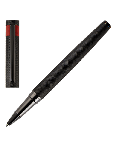 Hugo Boss Loop Diamond Rollerball Pen Black with a red band across the cap with the brand name. 