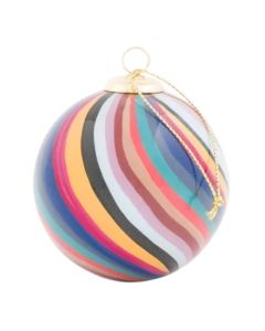This Paul Smith Hand-Painted Swirl Glass Bauble has a gold string on the top to secure the bauble on a tree branch.