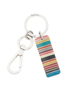 Paul smith's Signature Stripe Tag Metal Keyring is made out of brass and copper with an enamel inlay on the signature stripe pattern.