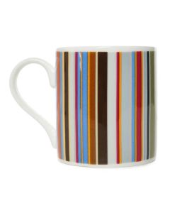This Signature Stripe Print Bone China Mug by Paul Smith has a red, blue, and brown signature stripe print.