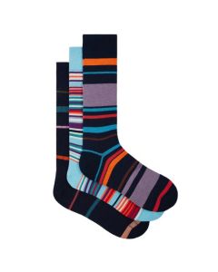 This Paul Smith Men's 3 Pack Novelty Mixed Blue Stripe Socks has various striped designs with blue, purple, and orange.