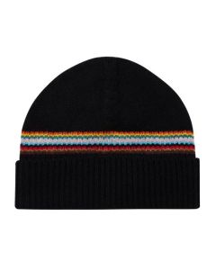 This Paul Smith Black 'Signature Stripe' Block Lambswool Beanie Hat features a stripe design across the middle with a turned-up edge in ribbed knit.