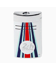 This S. T. Dupont 24Hrs Du Mans White & Chrome Maxijet Lighter has a design that consists of red and blue stripes with the 24hr logo in silver. 