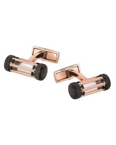 Montblanc's Great Characters Leonardo da Vinci Skeleton Cufflinks have a red-gold PVD finish in stainless steel with the snowcap emblem engraved on the edges.