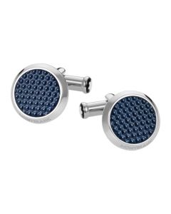 This pair of Montblanc Meisterstück Blue Cufflinks has a hexagonal patterned inlay on the face with the Montblanc brand name engraved along the edge.