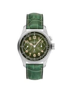 This 1858 Monopusher Chronograph Limited Edition 100 Green by Montblanc has a smoked green dial with sapphire crystals and a manual winding hand.