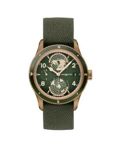 This 1858 Geosphere Limited Edition Geosphere Khaki Watch has a woven polyester strap in khaki to match the dial.