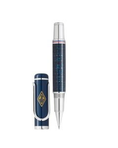 Montblanc's Great Characters The Great Gatsby Rollerball Pen, Special Edition is made out of precious resin in blue with platinum trims on the spring clip, nib, and edges of the cap and barrel.