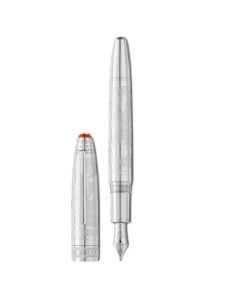 The Montblanc x Olympic Heritage Meisterstück Solitaire LeGrand Fountain Pen Chamonix has a platinum-plated barrel and cap with special engraving and reference of "1924".