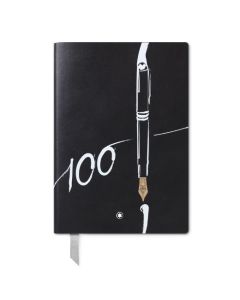 This Montblanc Meisterstück 100 Years Black Leather #146 Lined Notebook has a monochrome design on the front featuring the Meisterstuck pen.