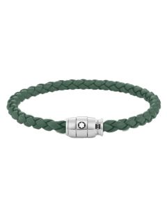 Montblanc's Woven Pewter Leather Bracelet Steel 3 Ring Fastening has the brand name subtle around the steel clasp.