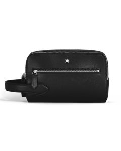 This Montblanc Sartorial Black Leather Wash Bag has a front zip pocket and a main compartment for storage.