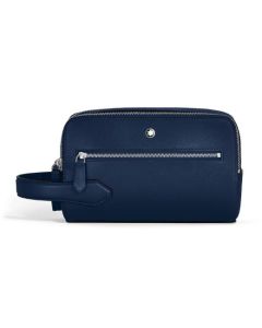 This Montblanc Sartorial Ink Blue Leather Wash Bag is made out of full-grain cowhide leather with the saffiano texture and polished silver trims.