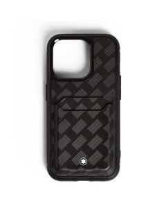 Montblanc's Extreme 3.0 Hard Shell Black iPhone 16 Pro 2CC Case has 2 card slots on the back in matching cowhide leather with the Extreme 3.0 pattern.