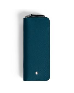 Montblanc's Sartorial Cyprus Blue Saffiano Leather 2 Pen Pouch is made from full-grain cowhide leather with palladium-plated trims around the snowcap emblem.
