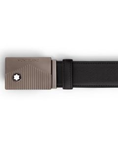 This Montblanc Meisterstück Ruthenium-Plated Black Saffiano Leather Belt has an engraved buckle with the Mont Blanc mountain design and the snowcap embem.