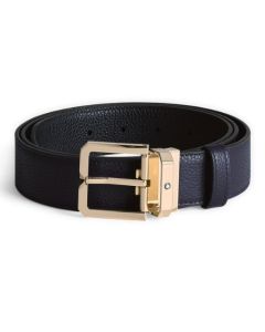 This Montblanc Gold Pin Buckle Reversible Black/Blue Grained Leather Belt has a squared pin buckle with the snowcap emblem on the buckle strap.