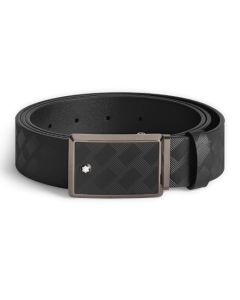 This Extreme 3.0 Shiny Ruthenium Black Leather Belt 35mm by Montblanc has a rectangular pin buckle with the snowcap emblem.