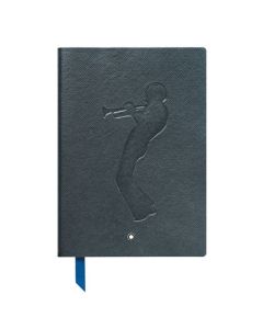 Montblanc's Miles Davis #146 Fine Stationery Lined Notebook is made from saffiano leather in blue with a blue grosgrain ribbon bookmark.