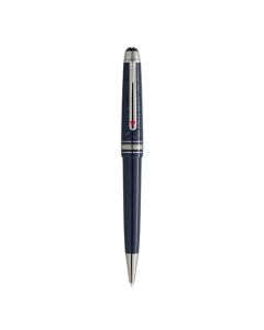 The Meisterstück Around the World in 80 Days Blue Midsize Ballpoint Pen by Montblanc has platinum trims on the cap ring and nib.