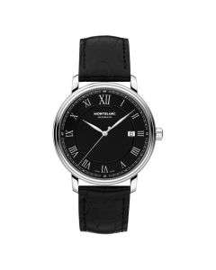 The Montblanc tradition black dial and black alligator-skin strap watch.