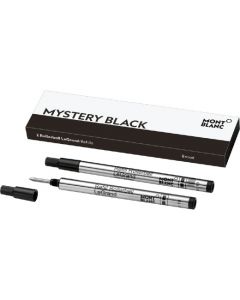 pack of two montblanc legrand mystery black broad rollerball refills. Refills are out next to their bespoke montblanc presentation box.