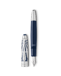 Montblanc's Meisterstück The Origin Collection Doué LeGrand Fountain Pen comes in a design of blue and silver, with the Montblanc engraving all over.