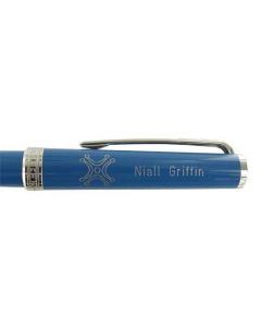 This Montblanc Petrol Blue ballpoint pen comes with a company logo on the front.