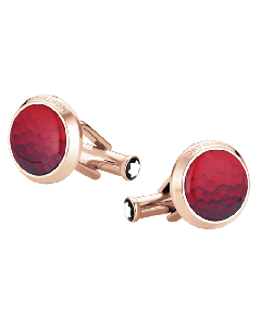 Montblanc's Meisterstück Rose Gold Cufflinks with Red Lacquer have the brand name engraved along the edge.
