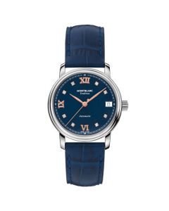 This Tradition Blue Calf Leather Automatic Date Watch is designed by Montblanc. 