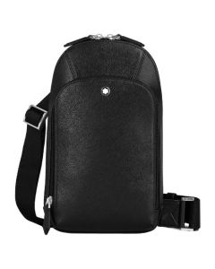 This Montblanc Sartorial Black Leather Sling Bag has the snowcap emblem on the front of the bag with palladium plating.