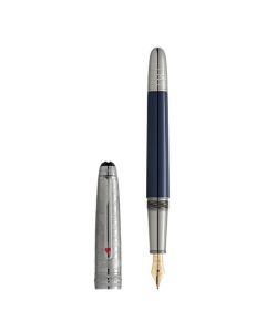 Montblanc's Meisterstück Doué Classique Around the World in 80 Days Blue Fountain Pen has a platinum clip that is adorned with a red lacquer heart.