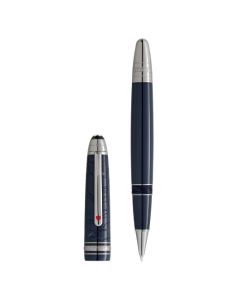 Montblanc's Meisterstück Blue Resin LeGrand Around the World in 80 Days Rollerball Pen has a red lacquer heart sitting on the end of the metal clip.