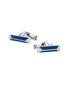 Montblanc's Blue Lacquer Inlay Stainless Steel Bar Cufflinks have a fixed back with the snowcap emblem on the end of each one for subtle branding.