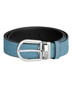 Montblanc's Horseshoe Pin Buckle Reversible Blue Bark Print Leather Belt has a shiny palladium plated buckle with a gorgeous blue leather strap.