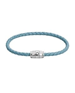 Montblanc's Meisterstück Steel 3 Ring Smoky Blue Leather Bracelet has a magnetic clasp closure with the snowcap dome.