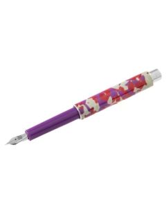 This Montegrappa Gnomo Obsession Midnight Purple Fountain Pen is made out of resin with a purple barrel and a patterned cap in red, purple, and cream.