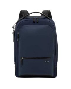 This TUMI navy backpack comes with the brand name on the front.